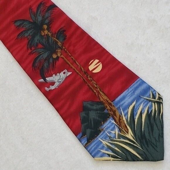 GJ Cahanahana Red Tropical Aviation Hand Sewn Silk Tie - Picture 8 of 10
